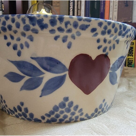 Vintage Bowl w Blue Sponge Glaze & Red Heart / Heavy Stoneware 8.25"D x 4"H 80s - Picture 1 of 12